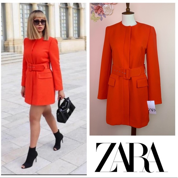 New! ZARA Orange Belted Frock Blazer Coat - Picture 2 of 13